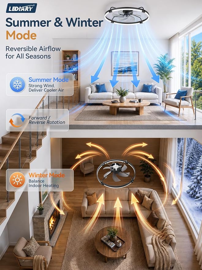 LEDIARY 30" Ceiling Fans with Lights and Remote, Low Profile,Large, Black | 3000K-6000K Stepless Dimmable Fandelier, Reversible DC Motor, Remote and APP Control, Bedroom Kitchen Living Room Fan Light