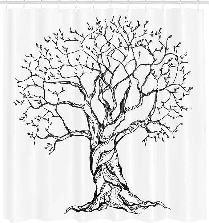 Ambesonne Tree of Life Shower Curtain, Aged Winter Tree with Curved Body Branches Old Expanding Roots Illustration, Cloth Fabric Bathroom Decor Set with Hooks, 69" W x 84" L, Black and White