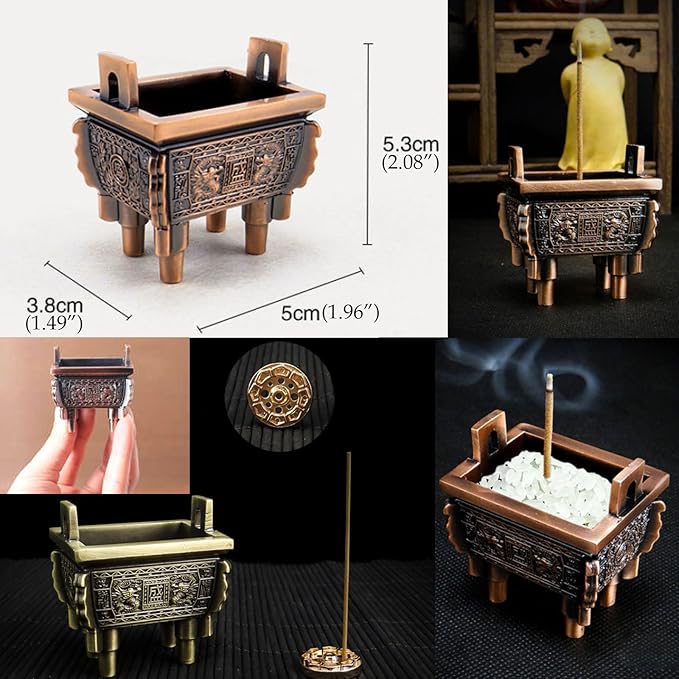 TrendBox Model B - Mini Vintage Design Ding Sheng Bronze Tripod Incense Cone Coil Stick Burner Holder Ash Catcher Chinese Traditional Style Buddhist Washable