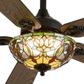 52" Tiffany Style Ceiling Fans with Lights, Vintage Chandelier Ceiling Fan with Stained Glass Shade, Dimmable LED, 6 Speeds Reversible for Bedroom (Art Nouveau)