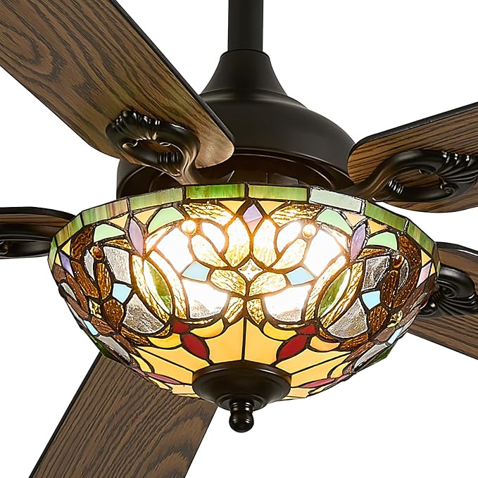 52" Tiffany Style Ceiling Fans with Lights, Vintage Chandelier Ceiling Fan with Stained Glass Shade, Dimmable LED, 6 Speeds Reversible for Bedroom (Art Nouveau)