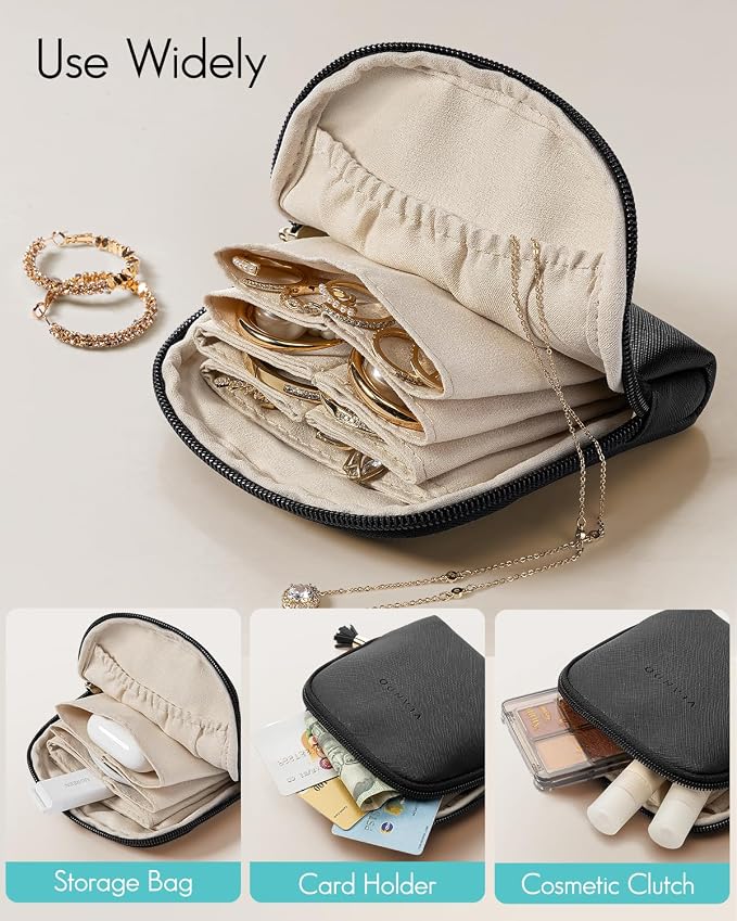 VLANDO Small Jewelry Travel Case,Travel Essentials for Women,Jewelry Pouch Bags with Zipper,Velvet Jewelry Organizer Storage Bag for Bracelet Rings Earring-Black