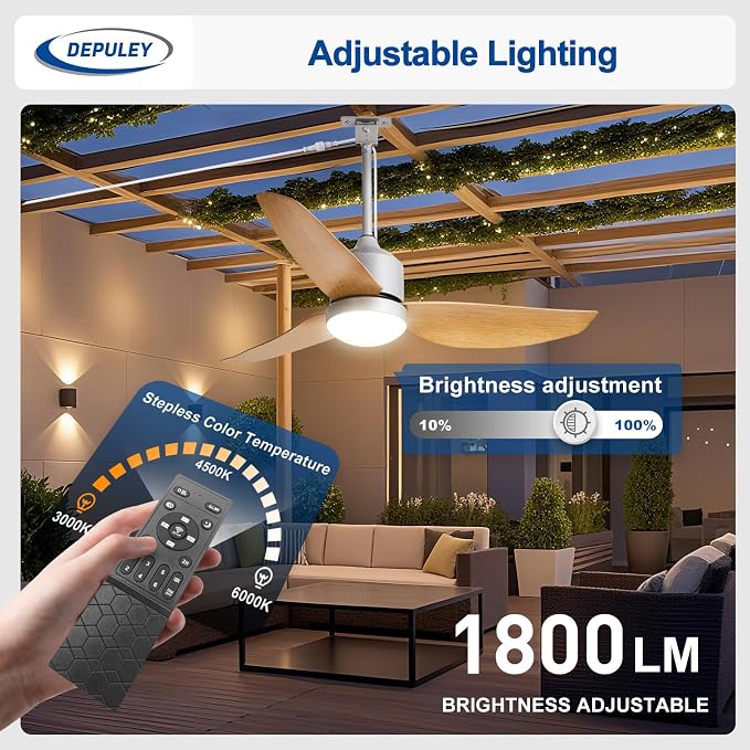 Depuley 42-Inch Ceiling Fans with Lights: Outdoor Waterproof Ceiling Fan for Patios - Plug in Gazebo Fans with Remote Control - Low Profile Outdoor Fan 3 CCT DC Motor for Pergola Porch - Wood Color