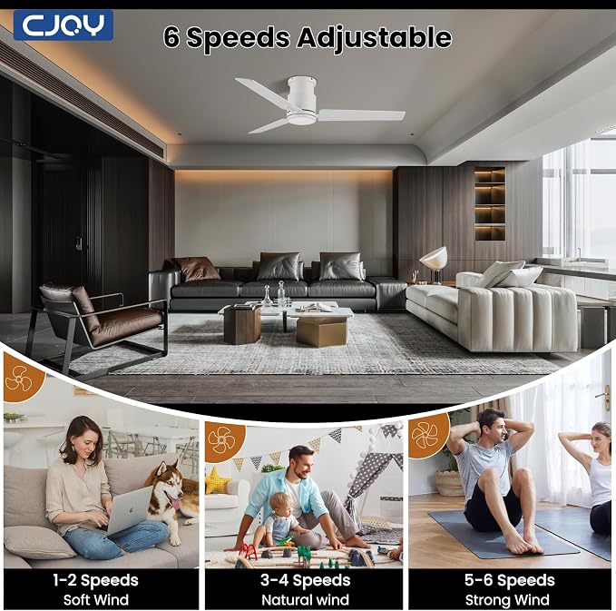 CJOY 48In Ceiling Fan with Light Flush Mount - White Low Profile Ceiling Fan Light with Remote, 3 Reversible Dual-Sided Blades, 3CCT, Dimmable, Modern Fan Light for Indoor Bedroom, Covered Outdoor