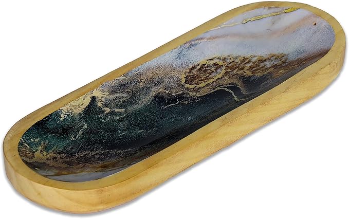 Bless-International Traditional-Handmade-Tray-Burner Wooden-Trat-Incense-Stick-Holder Ash-Catcher-Stand for-Aromatherapy-Meditation-Yoga (Green White Agate, 11x4x1.22 Inches)