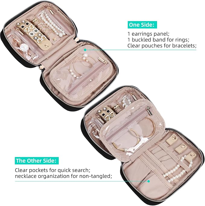 NISHEL Travel Jewelry Case Organizer, Tangle-Free Necklace Storage Bag | Stores rings, earrings, bracelets and watches in a compact case for travel, vacations and daily use, Black, Small
