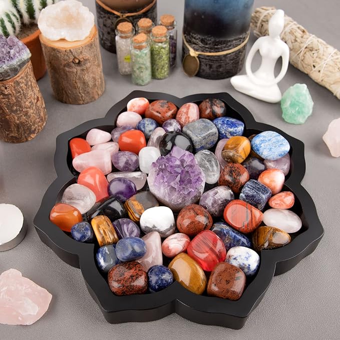 Mooncraftlogy Lotus Crystal Tray, Wooden Incense Burner for Stick/Cone, Gemstone Display Holder, Organizer for Rocks, Essential Oil, and Jewelry