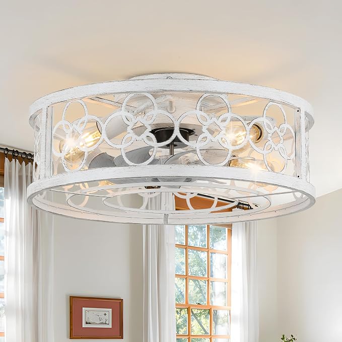 Caged Ceiling Fan with Lights and Remote 19.5" Flush Mount Ceiling Fan with Lights Bladeless Ceiling Fan with 3 Timing for Bedroom, Dining Room Living Room