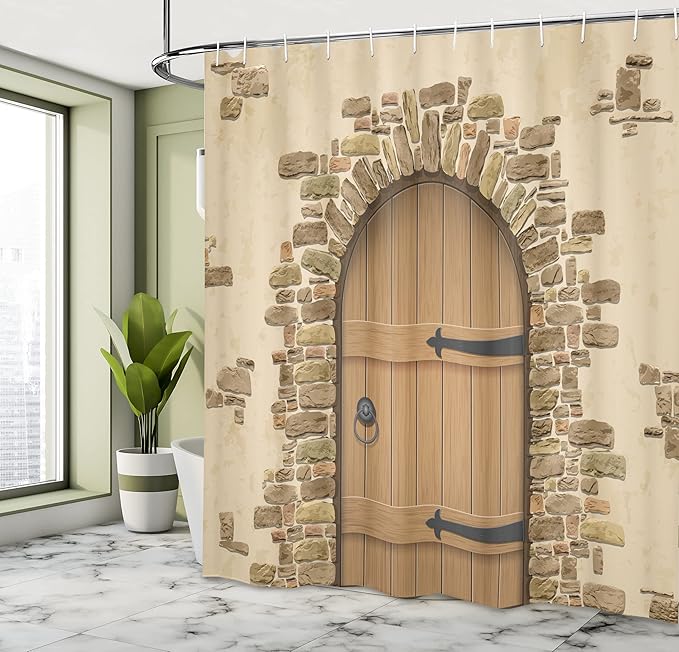 Ambesonne Rustic Shower Curtain, Wine Cellar Entrance Stone Arch Architecture European Building, Cloth Fabric Bathroom Decor Set with Hooks, 69" W x 70" L, Sand Brown Pale Brown