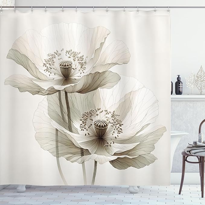Ambesonne Neutral Shower Curtain, Poppy Flowers in Muted Colors Bloom of Nature Simple and Pure, Cloth Fabric Bathroom Decor Set with Hooks, 69" W x 70" L, Off White and Dark Eggshell