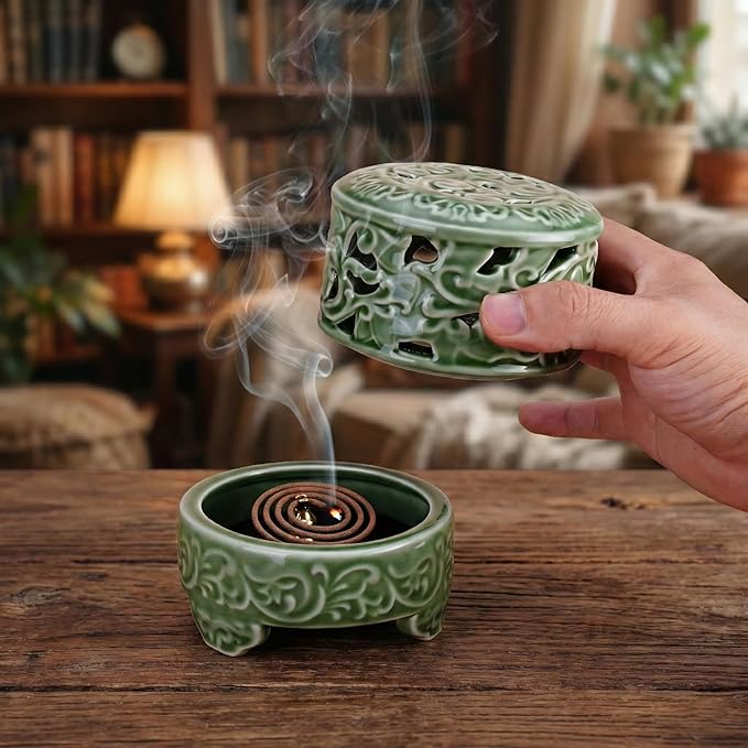 USMOLA Incense Burner with Lid, Ceramic Incense Holder for Stick Cones & Coils Incense with Burn Cotton for Home, Office, Yoga, Green Lotus