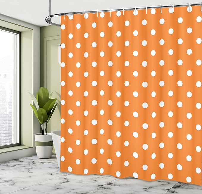 Ambesonne Burnt Orange Shower Curtain, Vintage Old Polka Style Dotted Graphic Design in Retro Old Fashioned Image, Cloth Fabric Bathroom Decor Set with Hooks, 69" W x 70" L, White Orange