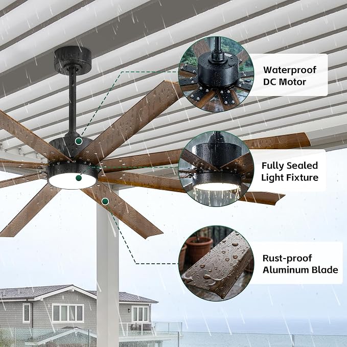 65 Inch Waterproof Outdoor Ceiling Fan with Light, All Weather Wet Rated 8 Aluminum Blades, 8421 CFM High Airflow Quiet DC Fan, Smart Alexa/App/Remote Control, for Patio Porch Gazebo, Modern Farmhouse