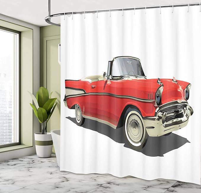 Ambesonne Cars Shower Curtain, Old-Fashioned Car with Open Roof Top Past Times Transportation Theme, Cloth Fabric Bathroom Decor Set with Hooks, 69" W x 70" L, Red Grey