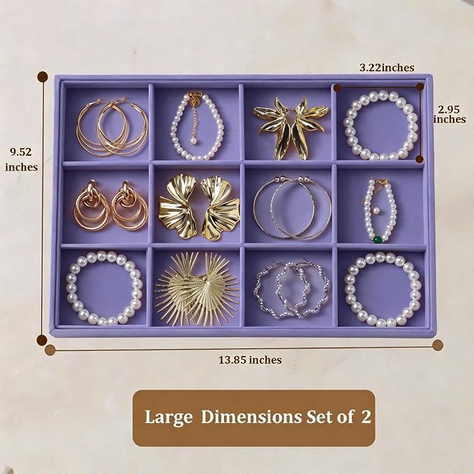Large Velvet Jewelry Tray 2 Pack Stackable Jewelry Display Drawer Inserts Trays Organizer for Earring Bracelet Necklace Ring (Purple, 12 Grids)
