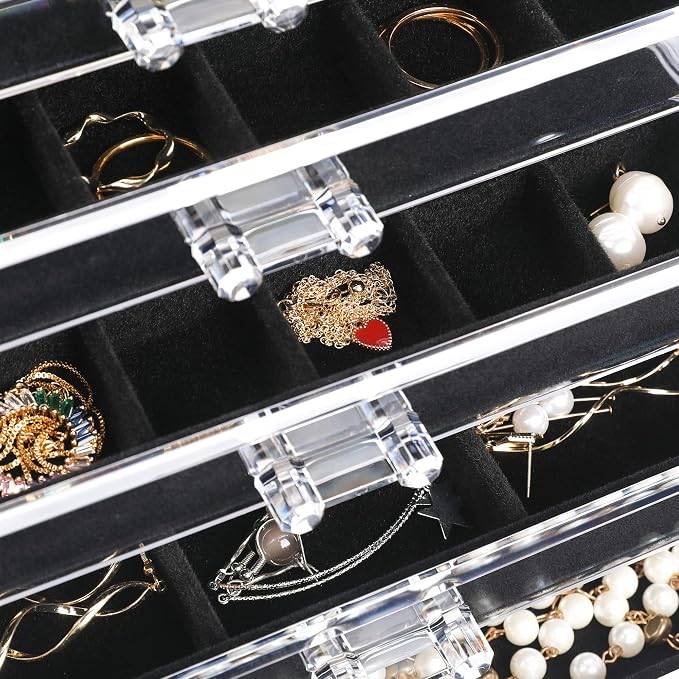 Frebeauty Acrylic Jewelry Organizer Earring Organizer Box with 5 Drawers Earring Holder Organizer with Velvet Trays Clear Jewelry Box for Women Earring Display for Rings Studs(Black) | 61 Jewelry Storage Grid for Rings Studs Bracelet,Velvet Lining,Tran...