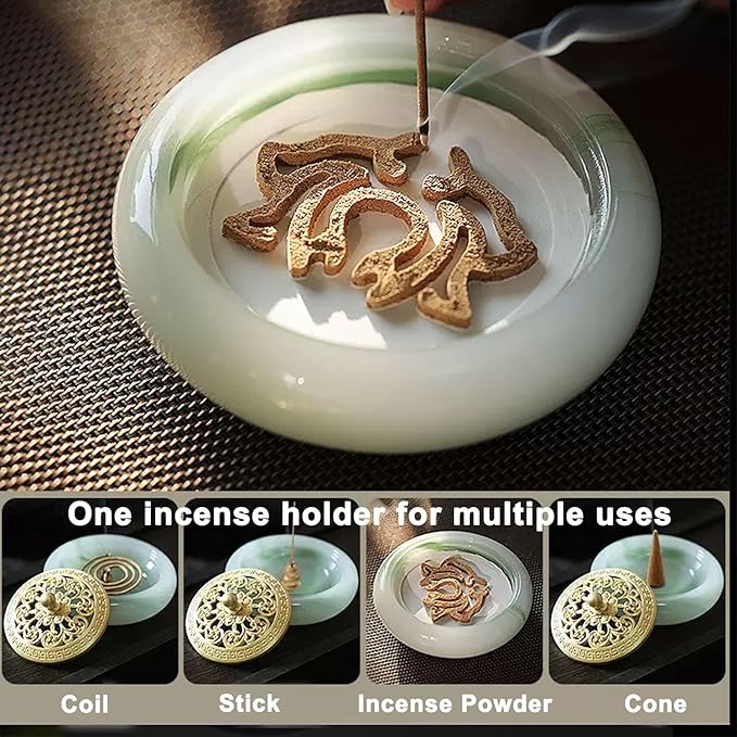 Incense Holder with Brass lid,Cone Incense Burner Suitable for Incense Sticks Coil,Artificial Glazed Jade Censer for Yoga Meditation, Home Decor