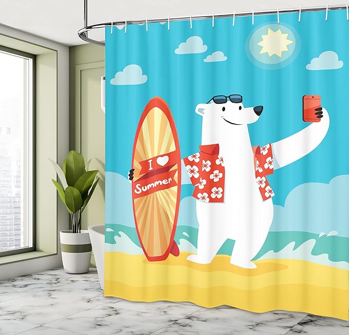 Ambesonne Sea Animals Shower Curtain, Polar Bear with I Love Summer Surfboard Taking Selfie at Beach Comic Fun Art, Cloth Fabric Bathroom Decor Set with Hooks, 69" W x 84" L, Aqua Yellow