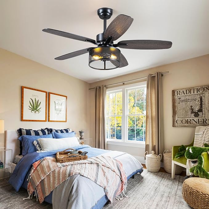 Hounberi 48 Inch Farmhouse Ceiling Fan with Light and Remote, Industrial Black Caged Ceiling Fan, Dual Finish 5 Blades, 6-Speed Reversible DC Motor, Industrial Ceiling Fans for Bedroom, Living Room