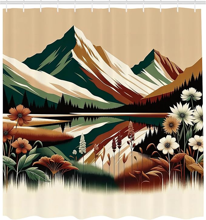 Ambesonne Lake Shower Curtain, Peaceful Art of Meadow Scene with Darkened Woodland and Snowy Mountains, Cloth Fabric Bathroom Decor Set with Hooks, 69" W x 70" L, Hunter Green Pale Redwood