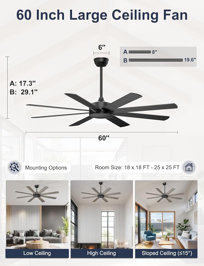 60'' Black Ceiling Fan No Lights for Indoor/Covered Outdoor | Remote/APP Control, 5980 CFM Airflow, Quiet DC Motor, Reversible Airflow, 8 Blades Modern Overhead Fan for Patio, Garage