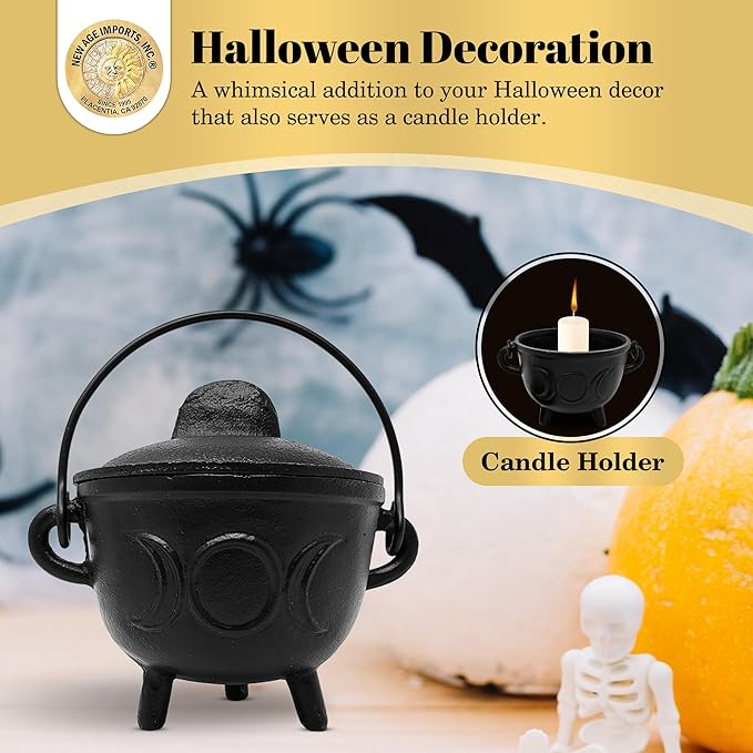 New Age Imports, Inc. Triple Moon Cast Iron Cauldron w/Handle & lid, Ideal for smudging, Incense Burning, Ritual Purpose, Decoration, Halloween Decoration, Candle Holder, etc. (Triple Moon - BR91)