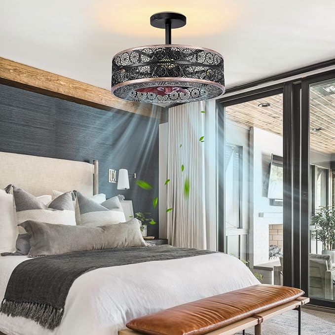 REDSTAR Small Caged Ceiling Fans with Lights, Black Industrial Ceiling Fan with Light and Remote, Farmhouse Ceiling Fan Light for Living Room, Bedroom, Kitchen
