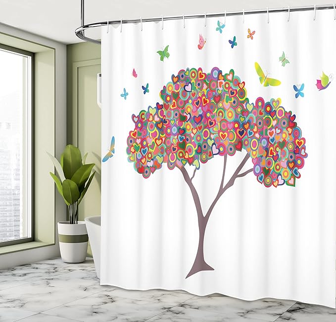 Ambesonne Tree of Life Shower Curtain, Colorful Nature Butterflies Heart Happiness Love Theme Bloom Summer Season, Cloth Fabric Bathroom Decor Set with Hooks, 69" W x 84" L, Yellow Magenta