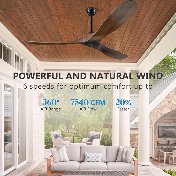 Ceiling Fan without Lights 72 Inch Large outdoor Fan, Outdoor Ceiling Fan No Lights with Wall and Remote Control, 3 Blade Solid Wood Indoor Outdoor Ceiling Fans for Patios ETL Listed-Deep Walnut