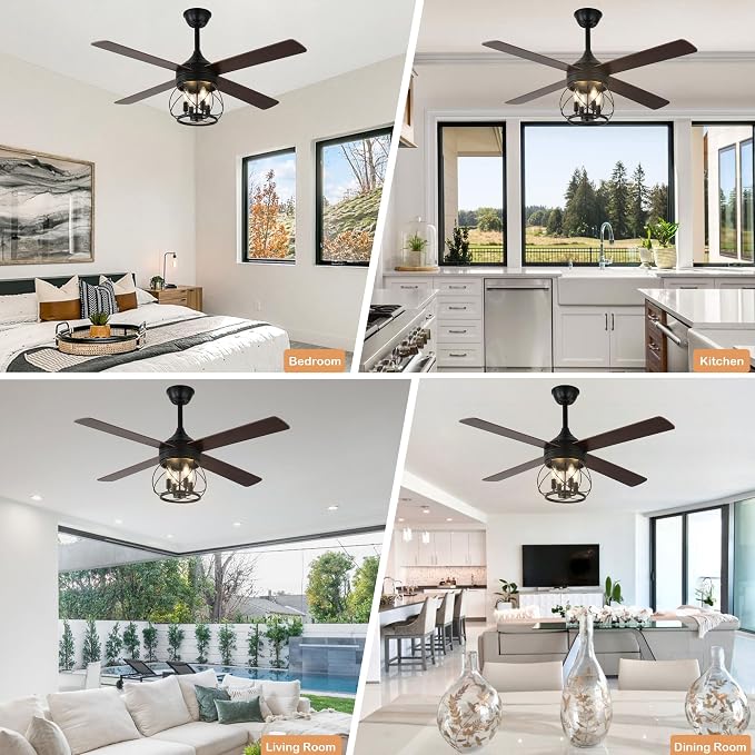 52" Farmhouse Ceiling Fan with Lights and Remote, Rustic Ceiling Fan Black Caged Fandelier 4-Lights Industrial Chandelier for Bedroom Living Room, Reversible Quiet DC Motor 6 Speeds