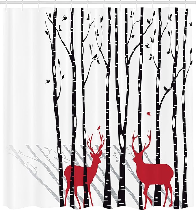 Ambesonne Antlers Shower Curtain, Deer Tree Forest with Red Holiday Theme Flying Leaves Branch Reindeer, Cloth Fabric Bathroom Decor Set with Hooks, 69" W x 75" L, White Vermilion