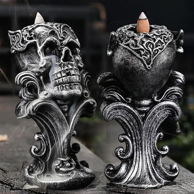Comeon Backflow Incense Holder Burner Resin Skull Incense Burner Waterfall Incense Burner Home Decor + 20 Backflow Incense Cones + 30 Incense Sticks +1 Tweezer +1 Mat（Metallic Silver）