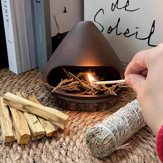 Ceramic Incense Holder Palo Santo Holder Handcrafted Dual-Use for Sage Sticks Cones Incense Burner for Yoga Meditation Aromatherapy Healing Home Decor Black (Style C)
