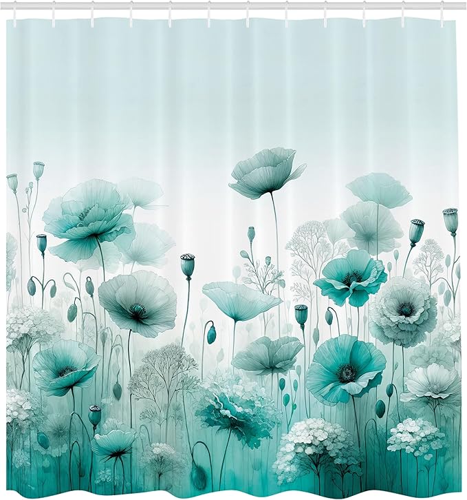Ambesonne Turquoise Shower Curtain, Chill Atmosphere of Flowering Poppy Scene with Oceanic Green Tones, Cloth Fabric Bathroom Decor Set with Hooks, 69" W x 84" L, Mint Green Seafoam White