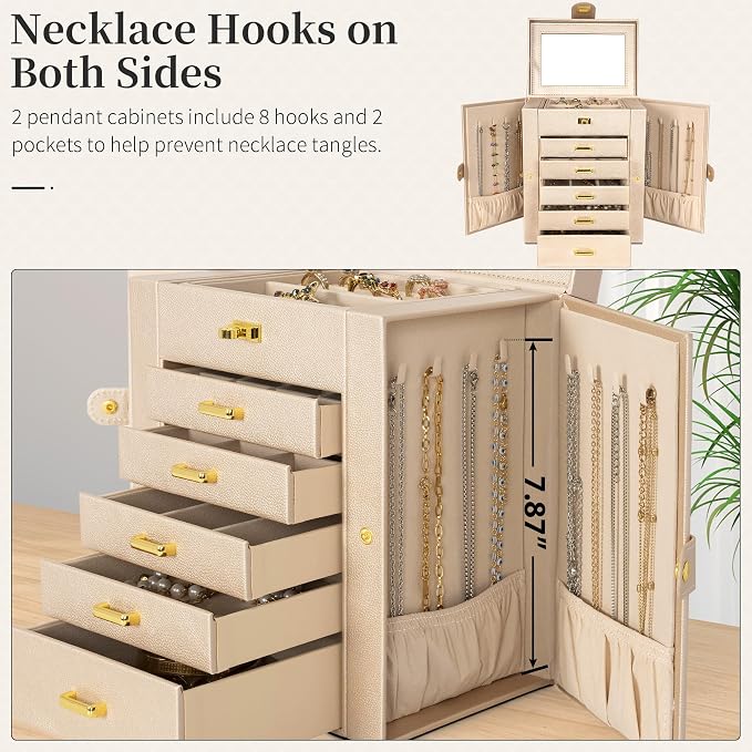 AKOZLIN 6-Tier Jewelry Box Organizer Functional 5 Drawers Leather Jewelry Storage Case for Women Girls Ring Necklace Earring Bracelet Holder Organizer with Mirror Champagne Regular