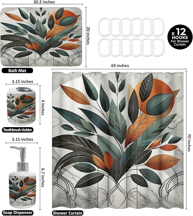 Ambesonne Boho Bathroom Decor Set 4 Pcs, Shower Curtain Bath Mat Soap Dispenser Toothbrush Holder in a Gift Box Essentials and Accessories, Mid Century Exotic Leaf, Orange Laurel Green Grey