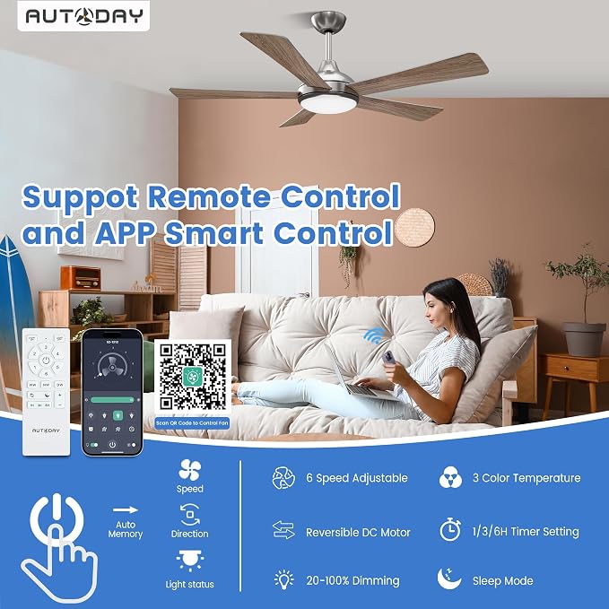 52 Inch Ceiling Fans with Lights and Remote/App Control - Nickel Ceiling Fan with Light, Quiet Reversible DC Motor, Dimmable Tri-Color LED, Modern Ceiling Fan for Bedroom/Patio, Indoor/Outdoor