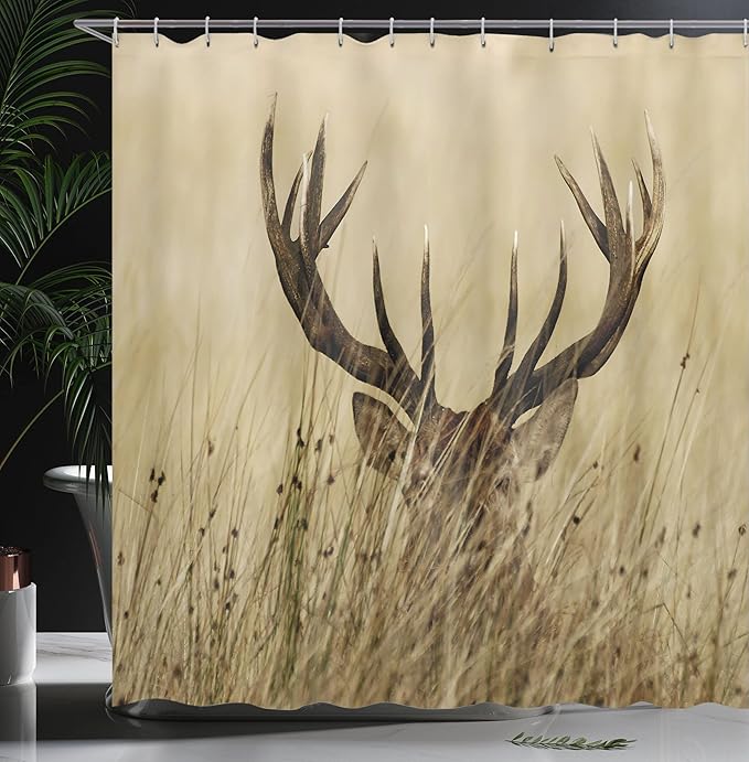 Ambesonne Antler Shower Curtain, Whitetail Deer Fawn in Wilderness Stag in Countryside Rural Hunting Theme, Cloth Fabric Bathroom Decor Set with Hooks, 69" W x 70" L, Brown Sand Brown