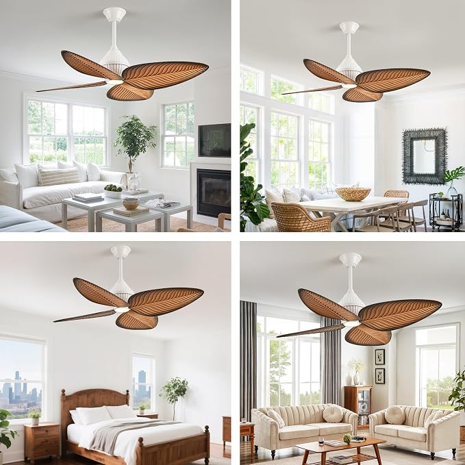 52"Tropical Ceiling Fans with Lights, Indoor Palm Leaf Ceiling Fan with Light and Remote for Living Room Bedroom, ABS Blades, Dimmable LED Lights, 6 Speeds, Adjustable Height-Light Wood Grain