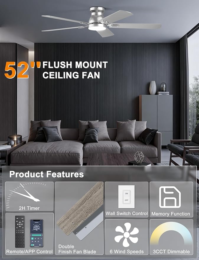 Ohniyou Ceiling Fans with Lights, 52 Inch Low Profile Ceiling Fan with Light and Remote/APP Control, Flush Mount, Dimmable, Quiet DC Motor, Silver Ceiling Fan for Bedroom, Living Room