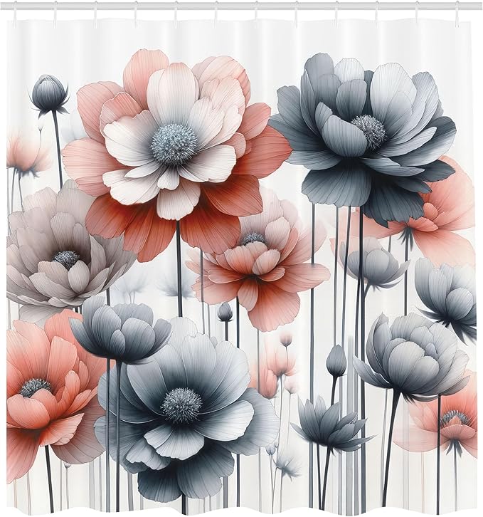 Ambesonne Floral Shower Curtain, Cold Pastel Tones Bloomed Flowers Paint a Winter Call Theme Illustration, Cloth Fabric Bathroom Decor Set with Hooks, 69" W x 84" L, Blue Grey Pale Salmon