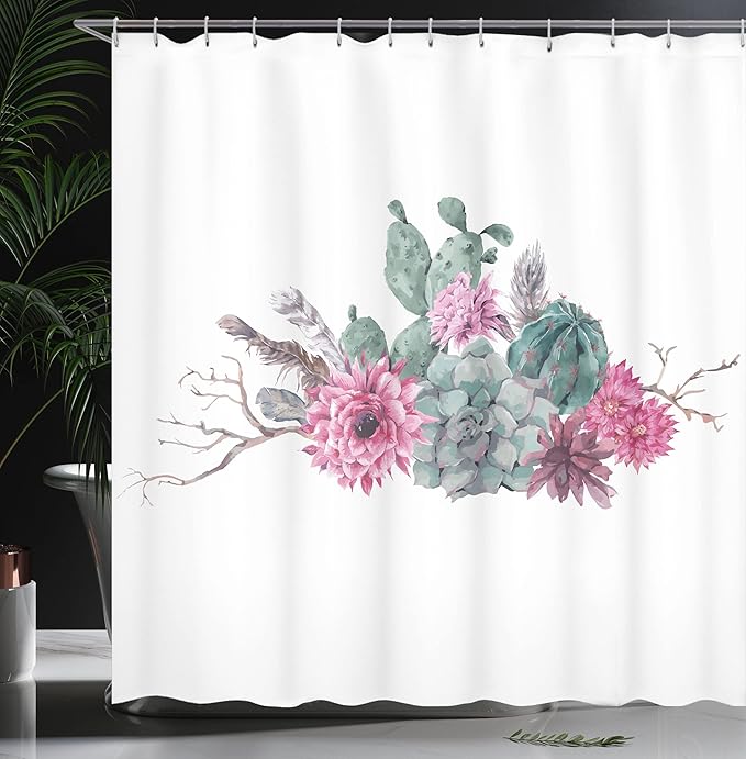 Ambesonne Succulent Shower Curtain, Feathers Flowers Cacti Hipster Elements Vintage Fashion, Cloth Fabric Bathroom Decor Set with Hooks, 69" W x 75" L, Green Pink