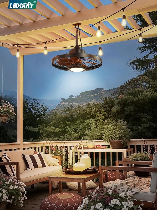 LEDIARY 20" Outdoor Ceiling Fan with Lights,IP65 Waterproof Gazebo Hanging Fan with Remote Control Smart App, Plug in Caged Ceiling Fan with 3CCT 6-Speeds for Patio Porch Pergola(Walnut)