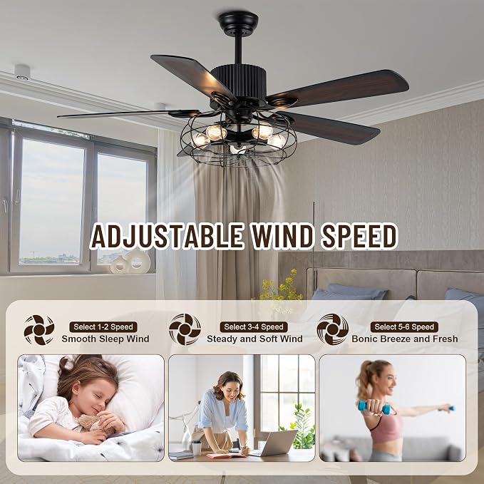 52" Industrial Ceiling Fans with Lights and Remote Control | Caged Rustic Retro Chandelier Ceiling Fan with Reversible Motor,5 Double Colour Blades for Dining Room Living Room Bedroom