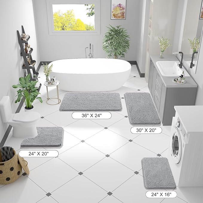 OLANLY Bathroom Rugs 44x24, Extra Soft Absorbent Chenille Bath Rugs, Rubber Backing Quick Dry, Machine Washable Bath Mats for Bathroom Floor, Tub and Shower, Home Decor Accessories, Light Grey