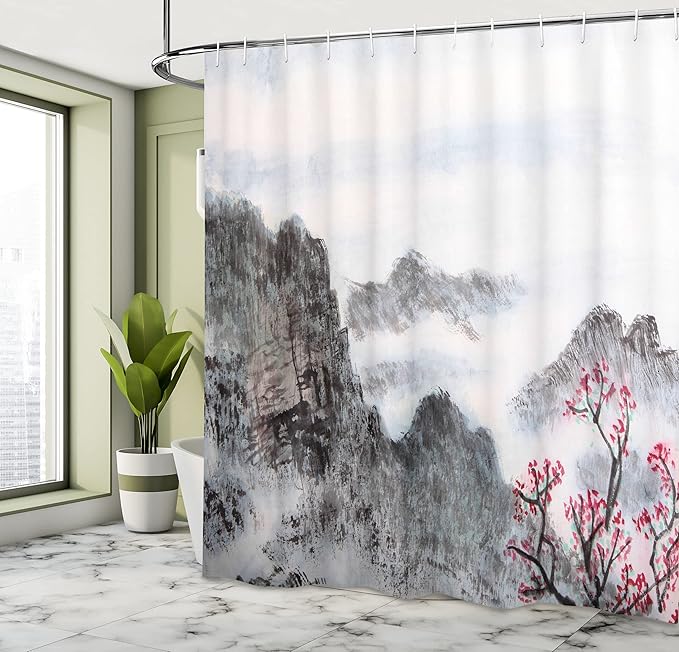 Ambesonne Asian Shower Curtain, Traditional Chinese Painting Landscape Sakura Cherry Tree Cloudy Mountains, Cloth Fabric Bathroom Decor Set with Hooks, 69" W x 70" L, Seal Brown White Red