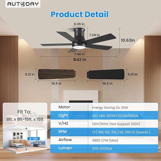 42 Inch Low Profile Ceiling Fan with Light, Black Ceiling Fans with Lights and Remote, Flush Mount, 6 Speeds Reversible Quiet DC, 3CCT Dimmable, Indoor Outdoor Ceiling Fans for Patios Bedroom