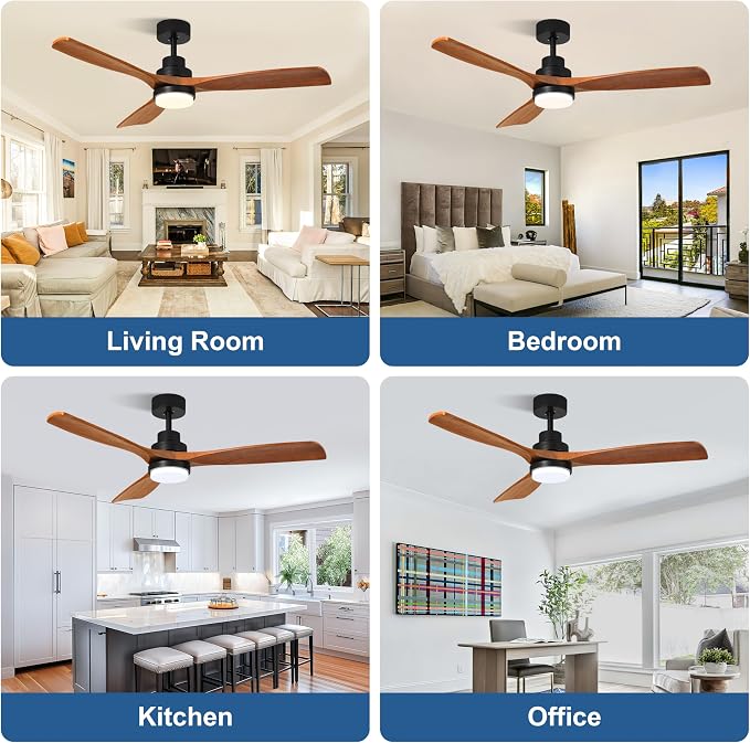 52inch Ceiling Fan with Light and Remote for Outdoor/Indoor Use, Patios, Bedrooms, Living Rooms, Kitchens, 6 Speeds,3CCT Switchable,with 3 Solid Wood Blades and Modern, Noiseless, Reversible Function