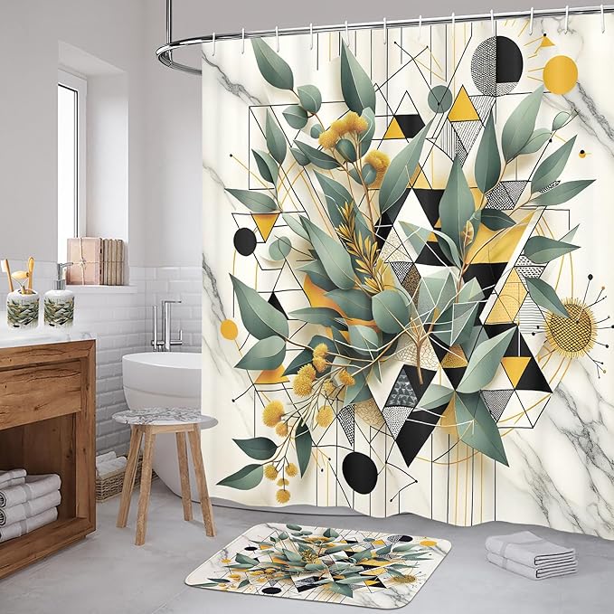Ambesonne Eucalyptus Leaves Bathroom Decor Set 4 Pcs Including Shower Curtain with Hooks Bath Mat Soap Dispenser Toothbrush Holder in Box Essentials & Accessories, Blossomy Art, Green Black Mustard