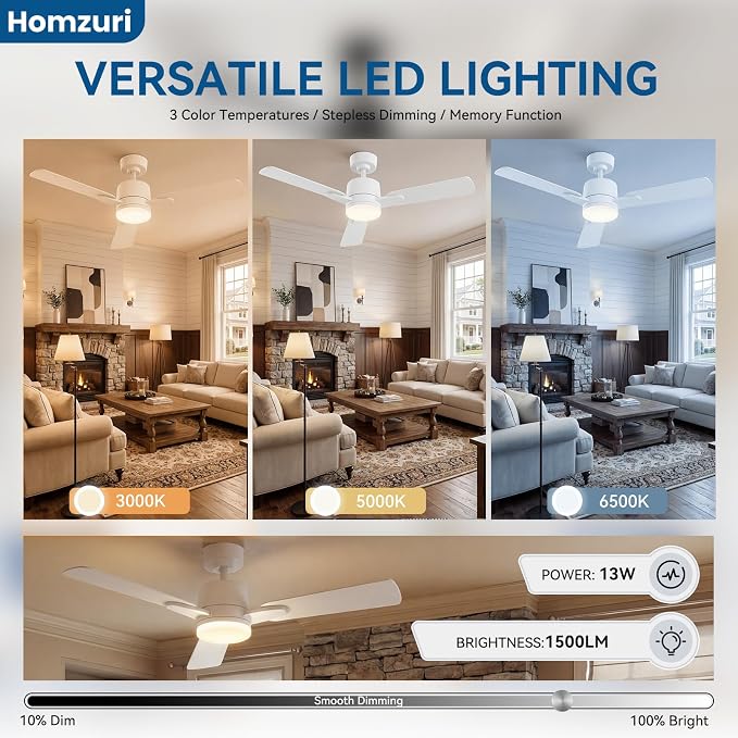 42" Ceiling Fan with Light and Remote, 6 Speed, Reversible Quiet DC Motor, 3CCT & Dimmable, Fast Install, Dual Finish 3 Blades Downrod Ceiling Fan with Lights for Bedroom, Living Room, Apartment